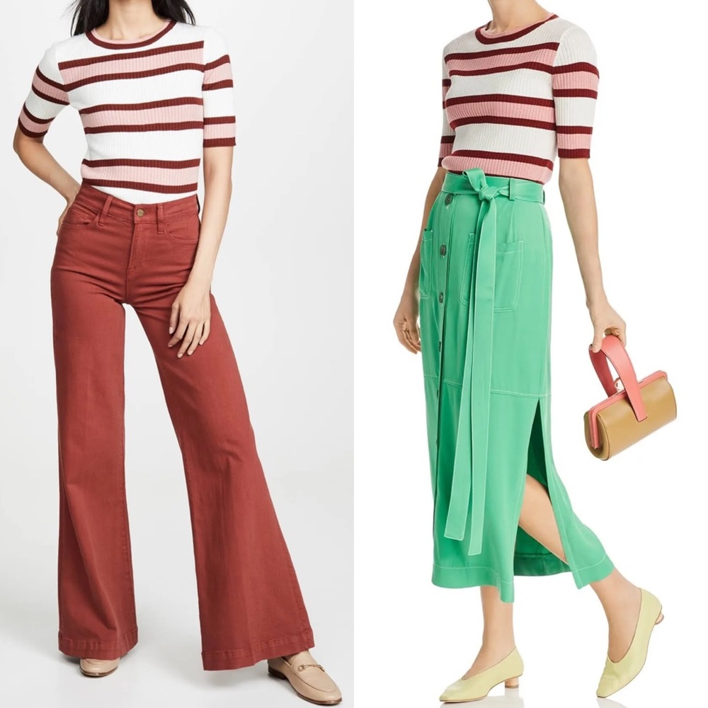 Frame Panel Stripe Short-Sleeve Wool Blend Sweater